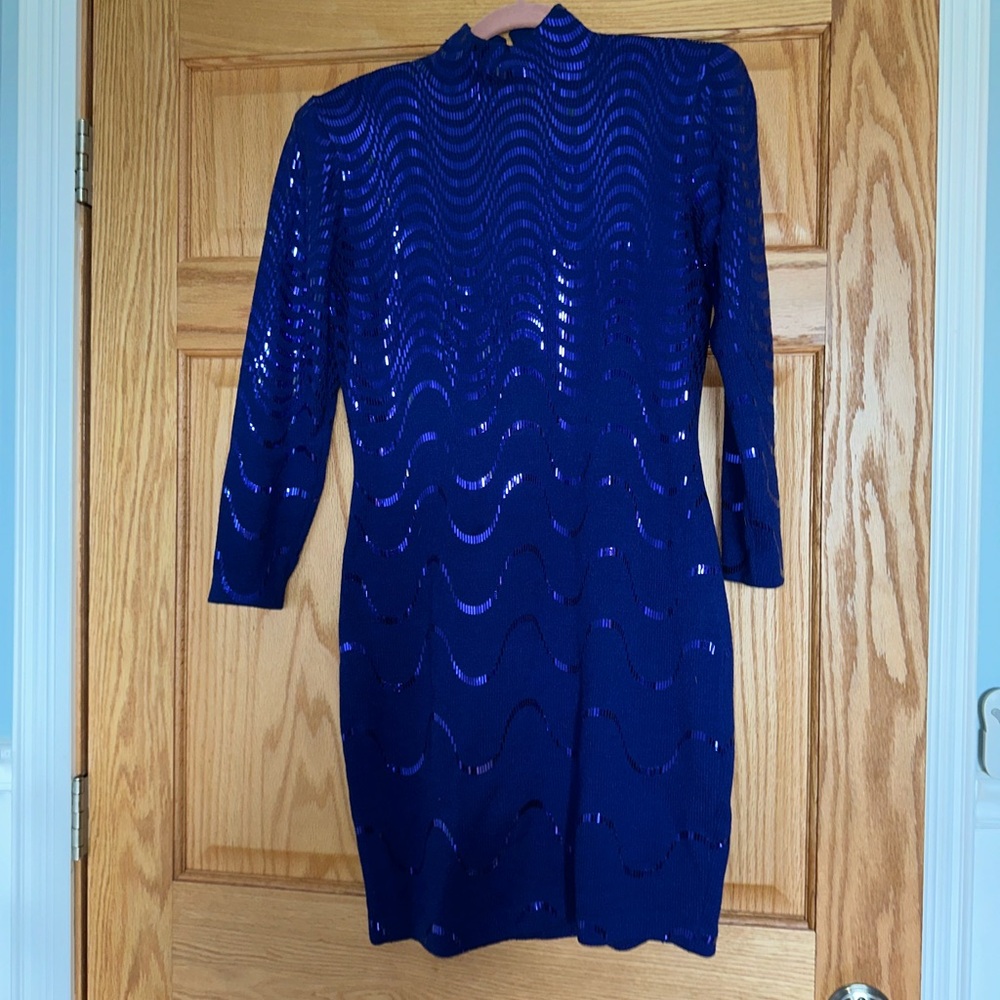 St John iridescent mock neck cocktail dress